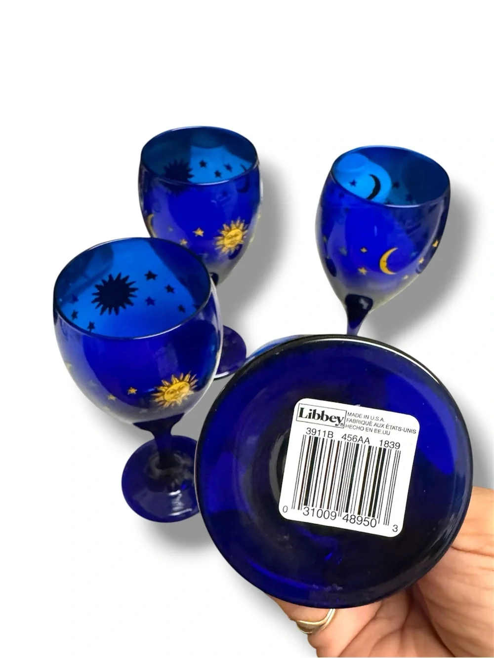 NEW VTG Libbey Celestial Cobalt Blue Wine Glasses Goblets Sun Moon Stars Set 4